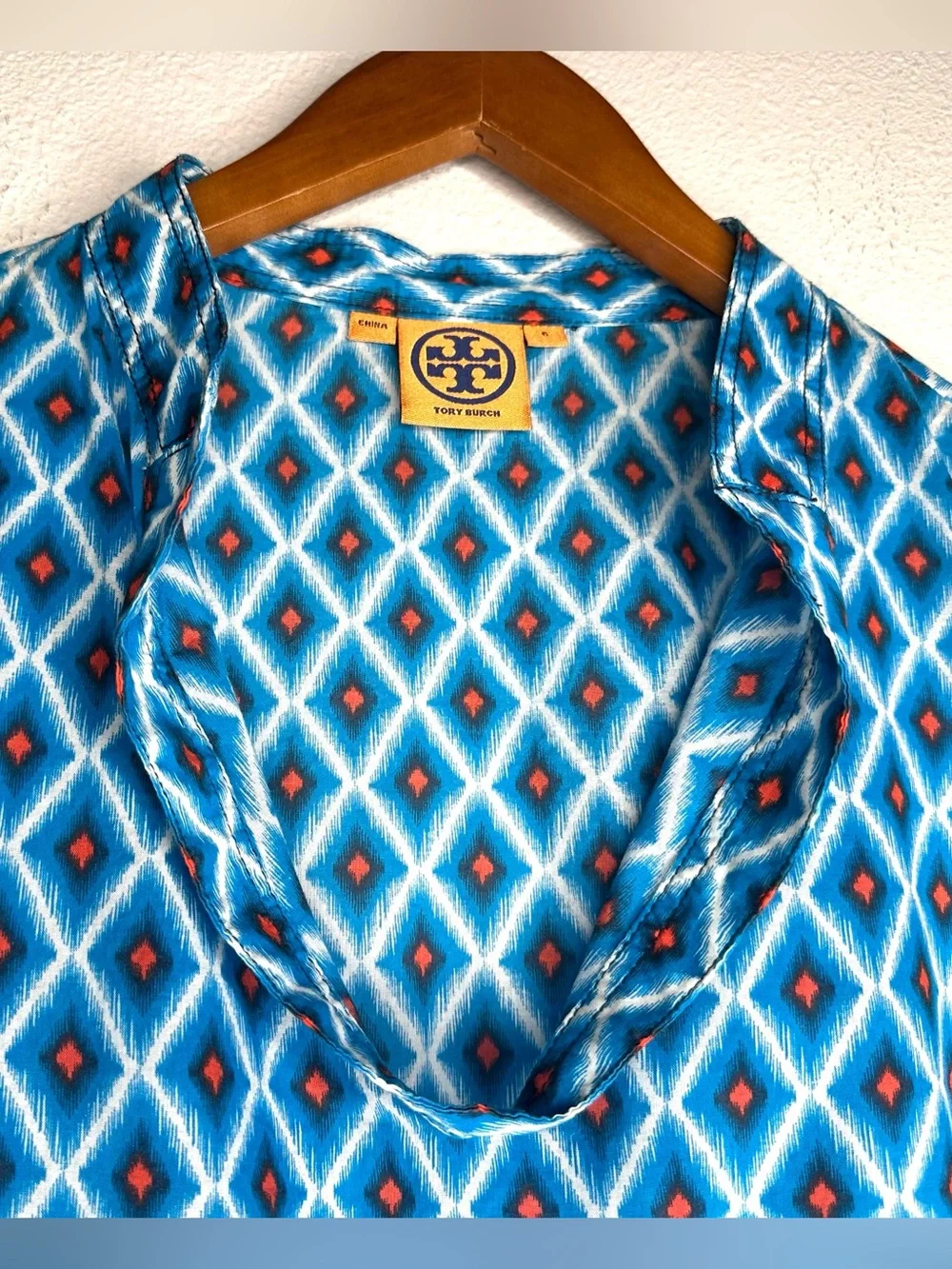 Tory Burch Blue Ikat Diamond Print Cotton Tunic Blouse 6 Long Sleeve Split neck